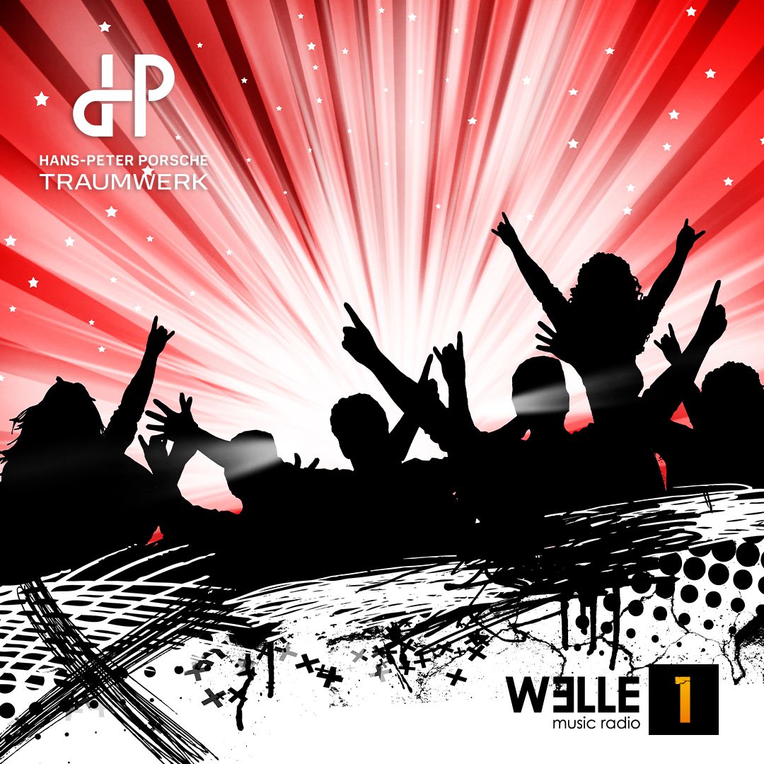 Silhouetten jubelnder Menschen bei einem Konzert mit rot-weißen Strahlen im Hintergrund. In den Ecken sind die Logos von Hans-Peter Porsche Traumwerk und Welle 1 Musikradio zu sehen.