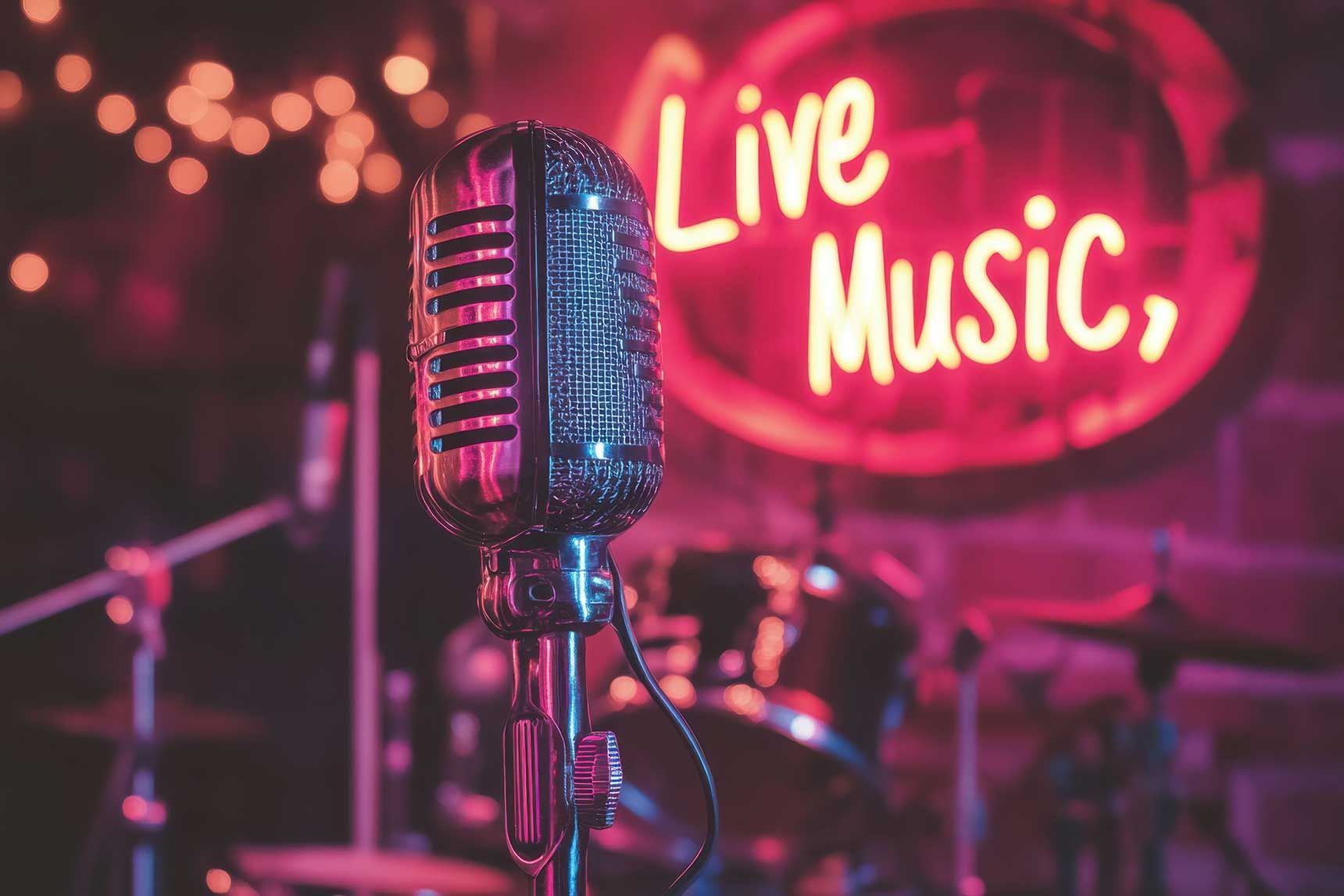 Ein Vintage-Mikrofon steht auf einer Bühne mit verschwommenem Schlagzeug im Hintergrund. Auf dem neonpinken Schild an der Wand steht "Live Music", und die Lichterketten schaffen eine gemütliche, lebendige Atmosphäre.