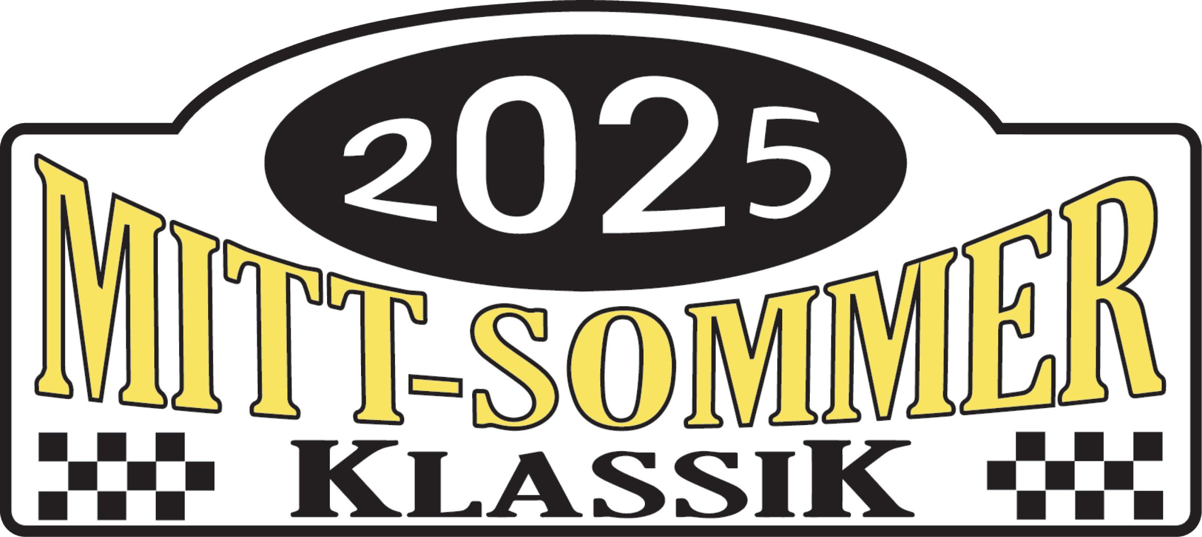 Ein Logo mit der Zahl 2025 in einem schwarzen Oval über den Worten MITT-SOMMER KLASSIK in fetten gelben und schwarzen Buchstaben, flankiert von schwarz-weiß karierten Quadraten an jeder unteren Ecke.