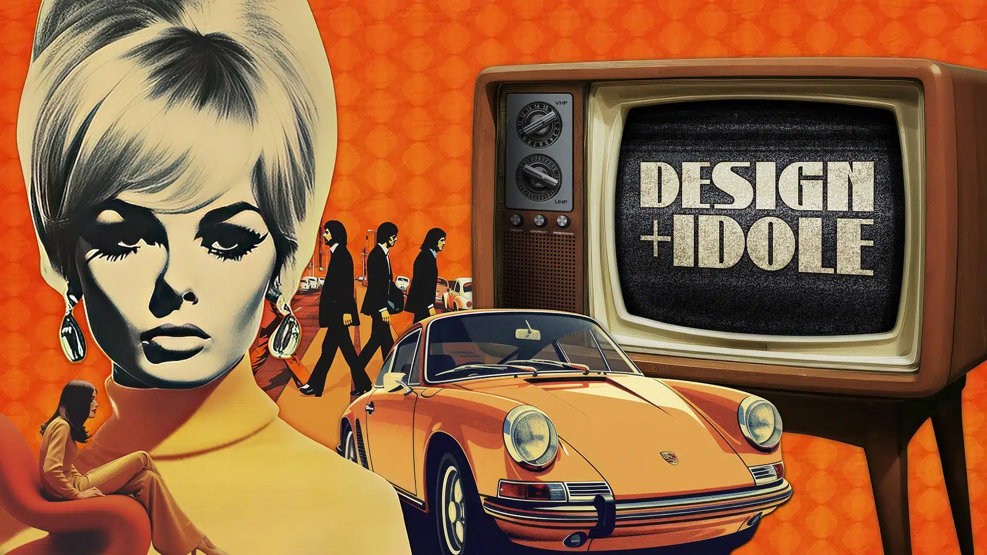 Retro-Collage mit einer Frau im Stil der 1960er Jahre, einem orangefarbenen Vintage-Porsche, spazierenden Menschen, einem alten Fernseher mit der Anzeige „DESIGN + IDOLE“ und einem orangefarbenen Hintergrund mit geometrischen Mustern.