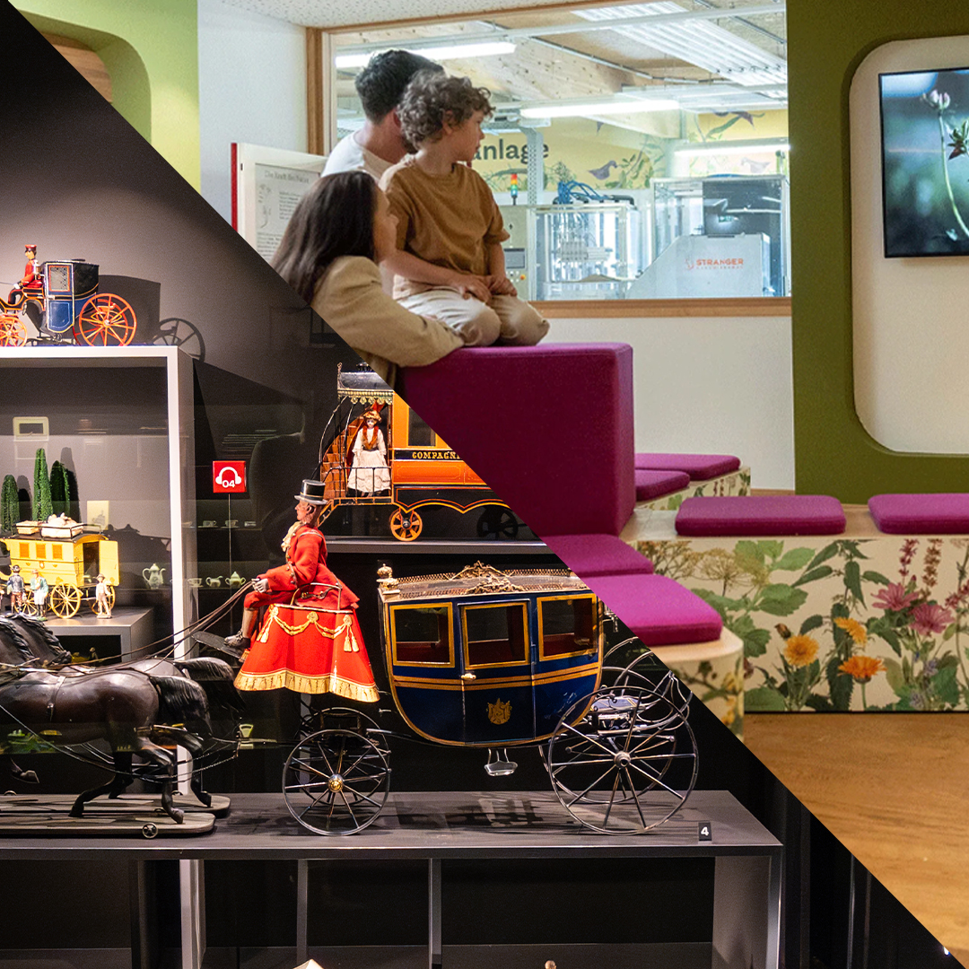 Ein geteiltes Bild zeigt zwei Szenen: Auf der einen Seite betrachten Menschen historische Kutschenmodelle und Pferdefiguren in einem Museum, auf der anderen Seite sitzen Erwachsene und ein Kind auf gestuften, mit Blumen gepolsterten Bänken in einem modernen, interaktiven Raum.