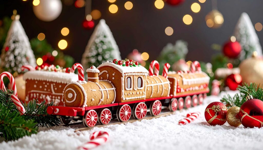 Ein festlicher, mit Zuckerguss und Süßigkeiten verzierter Lebkuchenzug sitzt auf schneeweißem Zucker, umgeben von Zuckerstangen, Ornamenten, immergrünen Zweigen und verschwommener Weihnachtsbeleuchtung im Hintergrund.