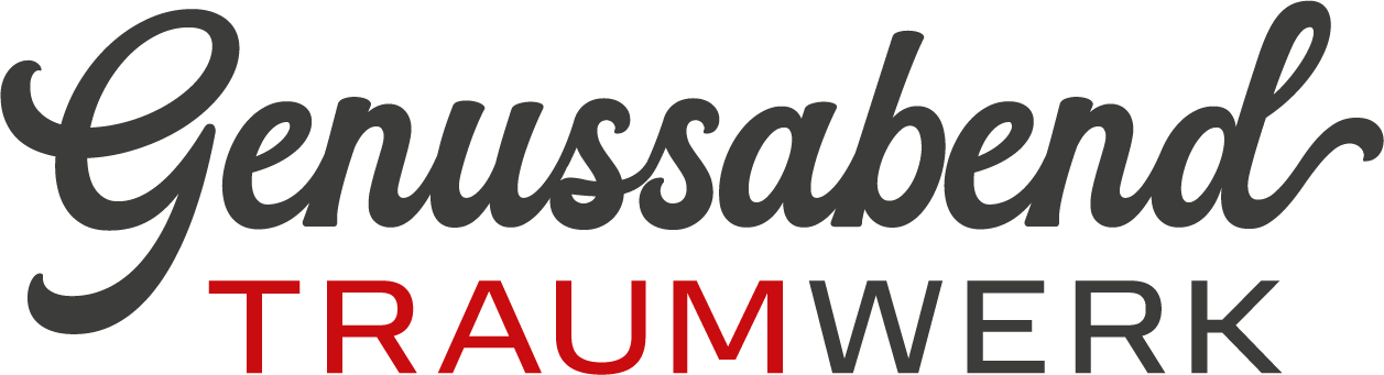 Das Bild zeigt die Worte Genussabend TRAUMWERK in stilisierter Schrift, wobei Genussabend in schwarzer Kursivschrift und TRAUMWERK in Großbuchstaben, TRAUM in Rot und WERK in Schwarz dargestellt sind.