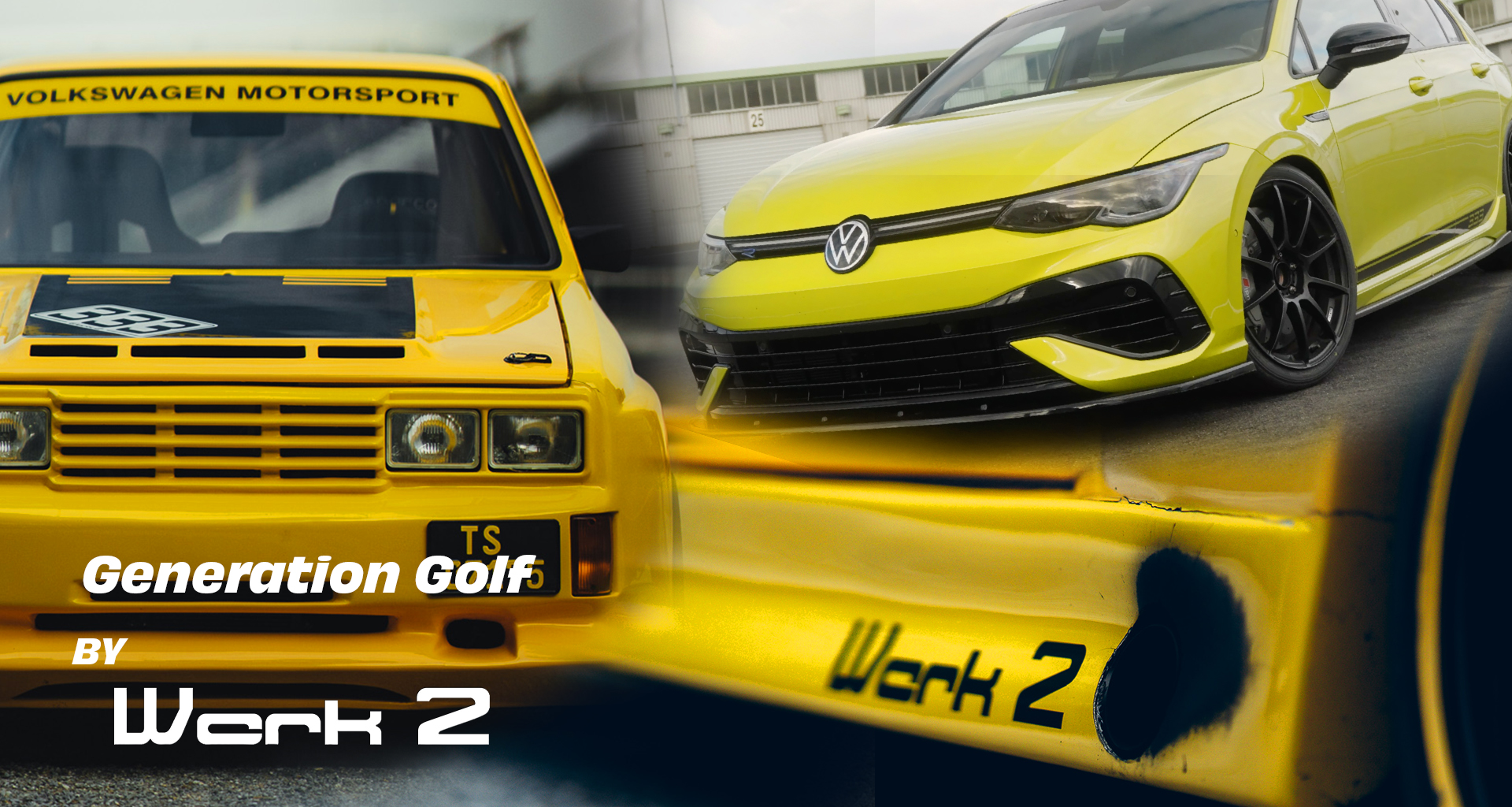 A split image of a classic yellow Volkswagen Motorsport car on the left and a modern yellow Volkswagen Golf on the right, with Generation Golf by Werk 2 text overlaid in bold fonts.