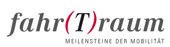 Logo with the word fahr(T)raum in a stylized font, with the T in red and surrounded by parentheses; below is the phrase MEILENSTEINE DER MOBILITÄT in uppercase letters.