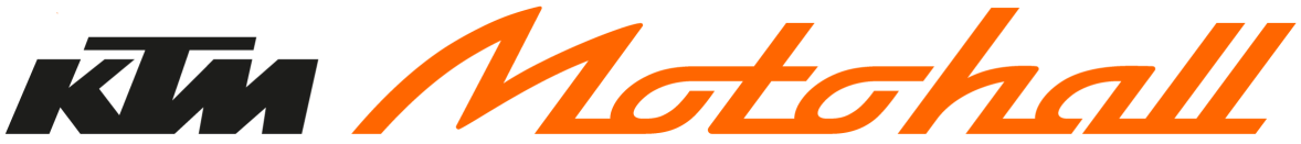 KTM Motohall-Logo mit KTM in fetten schwarzen Buchstaben auf der linken Seite und Motohall in stilisierter orangefarbener Schrift auf der rechten Seite, beide vor einem hellen Hintergrund.