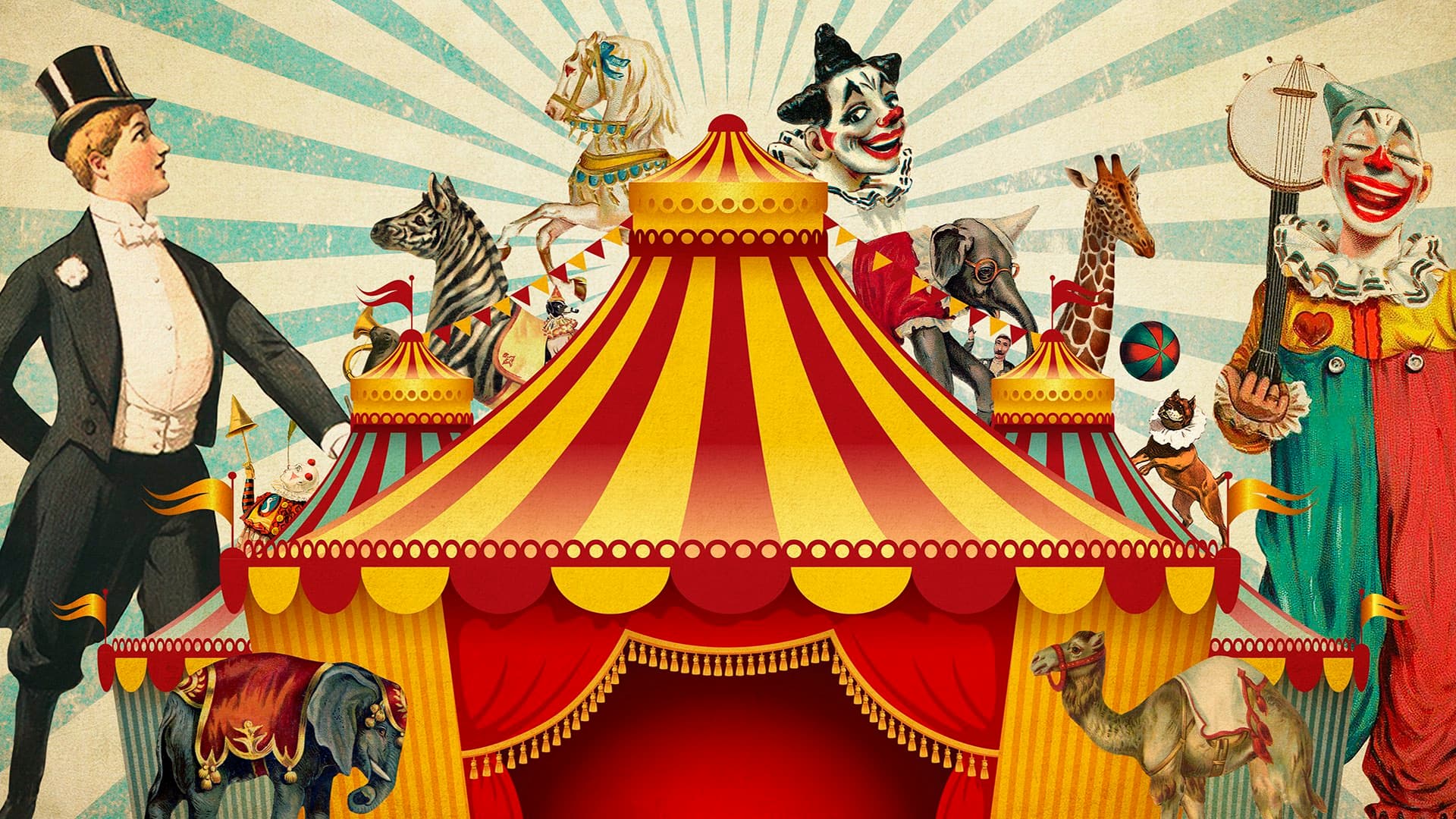 Bunte Vintage-Zirkusszene mit einem gestreiften Zelt in der Mitte der Bühne, umgeben von Clowns, Tieren wie Elefanten, Giraffen, Pferden und einem Zirkusdirektor auf der linken Seite, alles vor einem Hintergrund mit Sonnenstrahlen.