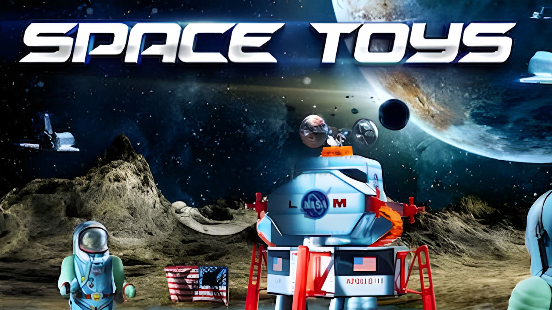Eine farbenfrohe Illustration von Astronauten und einer Mondlandefähre auf einer mondähnlichen Oberfläche, mit der Erde und Raumschiffen im Hintergrund und dem Text "SPACE TOYS" am oberen Rand.