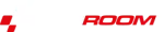 Das Bild zeigt das Raceroom-Logo in fetter Schrift, mit RACE in Weiß und ROOM in Rot, begleitet von schwarzen, roten und weißen Rennflaggenquadraten auf der linken Seite. Der Hintergrund ist schwarz.
