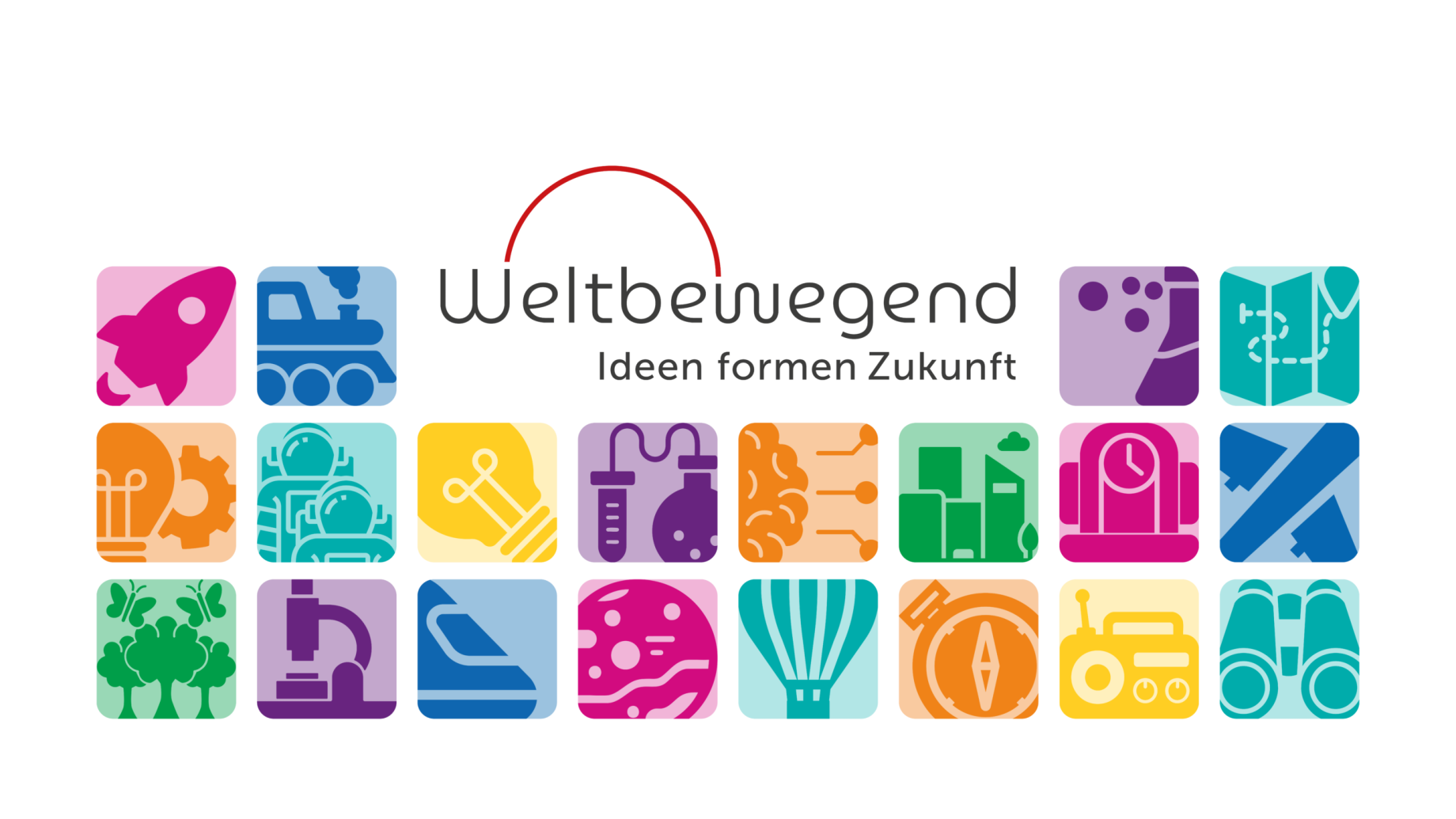 Bunte Symbole stehen für die Themenbereiche Naturwissenschaften, Technik, Ingenieurwesen und Mathematik. Der deutsche Text lautet „Weltbewegend“ und „Ideen formen Zukunft“, was so viel bedeutet wie „Weltbewegend: Ideen gestalten die Zukunft“.